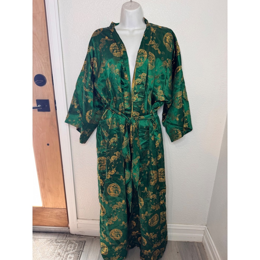 Silk Fashion Vintage Green Gold Dragon Phoenix Brocade Kimono Robe One Size